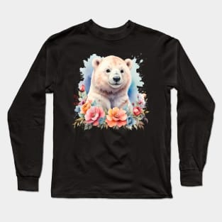 A polar bear decorated with beautiful watercolor flowers Long Sleeve T-Shirt